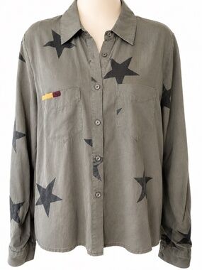 MISS ME Vintage Army Green Star Print Button Down Shirt
